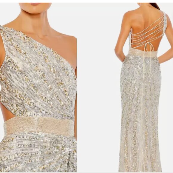 MAC DUGGAL 5687 ONE SHOULDER SEQUIN BEADED LACE-UP BACK NUDE SILVER GOWN sz 6 - Picture 4 of 5